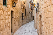 Beautiful View Of Ancient Narrow Medieval Street Town Mdina, Malta