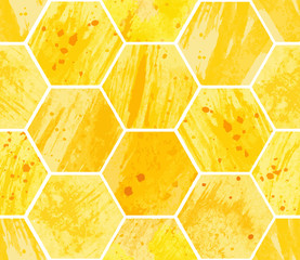 Abstract geometric seamless pattern with honeycomb. Watercolor yellow hexagon with texture of stain, spray, splash and spot, fashion elements. Vector illustration.