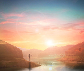 Sticker - Easter concept:Silhouette cross on Calvary mountain sunset background. 