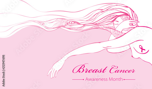 Vector Drawing Of Sad Woman With Pink Ribbon And Pink Long Wavy