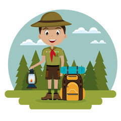 Wall Mural - young scout in the camping zone scene