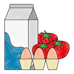 Sticker - milk box with tomatoes and eggs vector illustration design