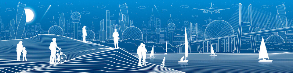 Wall Mural - City infrastructure panoramic illustration. Big bridge across the river. People at shore. Sailing yachts on sea. White lines on blue background. Vector design art