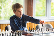 © Natali - cute young smart boy in blue shirt plays chess on the training before the tournament. chess summer camp