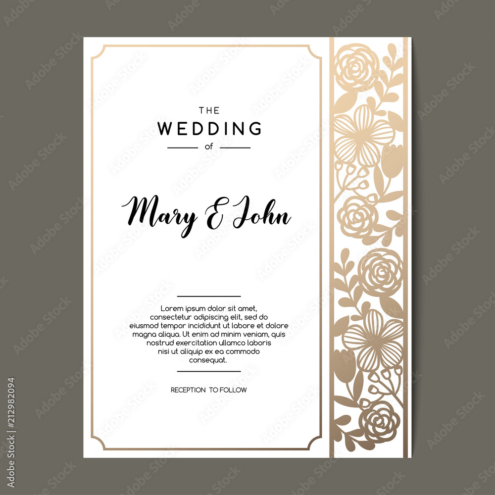 Elegant wedding invitation background with floral ornament. Vector greeting  card design with golden border. Stock Vector | Adobe Stock, image size:1000x1000