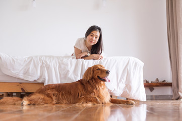 Wall Mural - The woman and the golden retriever