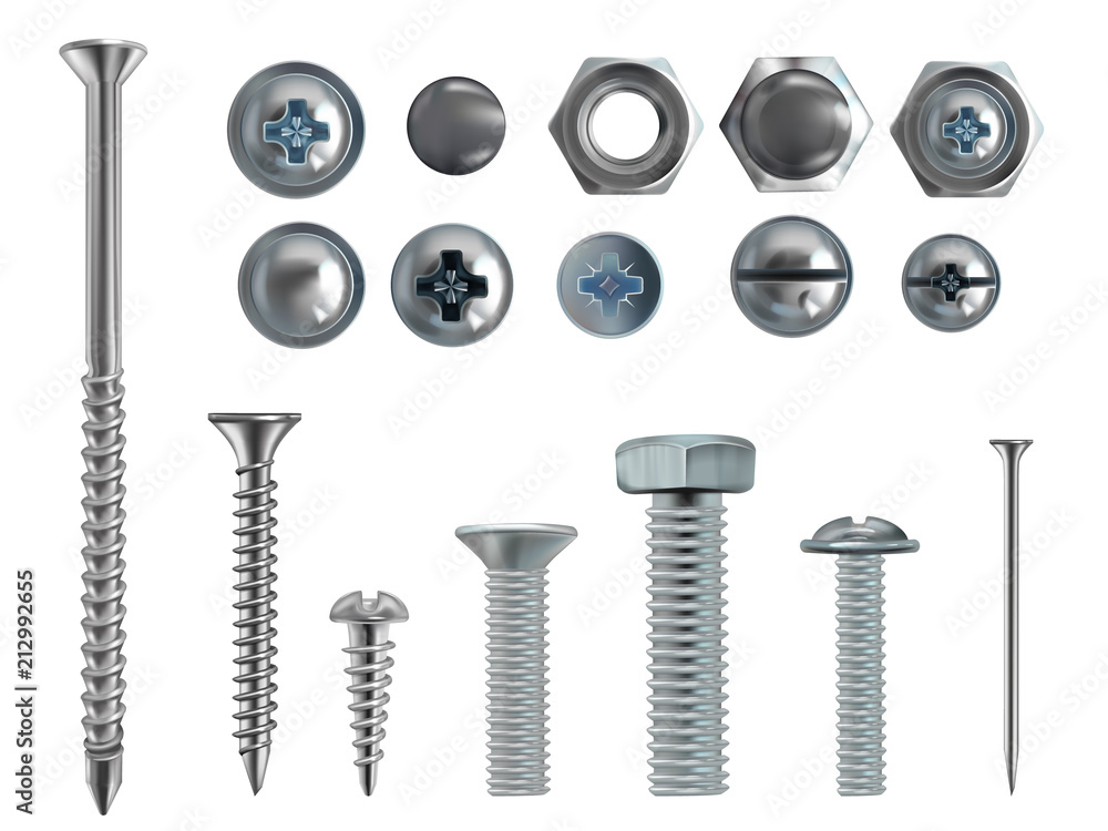 Vector 3d realistic illustration of stainless steel bolts, nails and screws on white background. Top and side view of industrial chrome hardware, different heads with nuts and washers - obrazy, fototapety, plakaty 