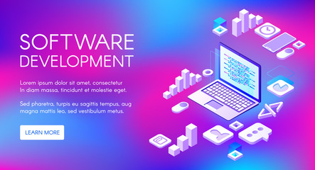 Software development vector illustration of digital programming technology for computer, internet browser and web applications. Script code for operation system on purple ultraviolet background
