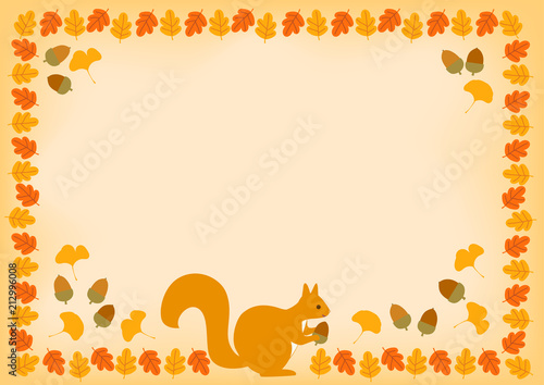 秋の落ち葉と可愛いリスの色づいた葉っぱのフレーム Stock Illustration Adobe Stock