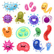 © partyvector - Viruses vector cartoon bacteria emoticon character of bacterial infection or ilness in microbiology illustration microbiology set of microbe organism emotions isolated on white background
