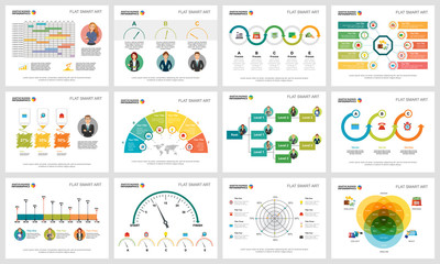 Wall Mural - Colorful statistics or economy concept infographic charts set. Business design elements for presentation slide templates. For corporate report, advertising, leaflet layout and poster design.