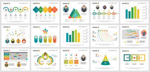 Wall Mural - Colorful project or marketing concept infographic charts set. Business design elements for presentation slide templates. Can be used for annual report, advertising, flyer layout and banner design.