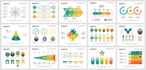 Colorful research or teamwork concept infographic charts set. Business design elements for presentation slide templates. For corporate report, advertising, leaflet layout and poster design.