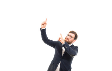 Wall Mural - Portrait of business man showing pointing up gesture.
