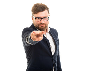 Wall Mural - Portrait of business man pointing two fingers to camera.