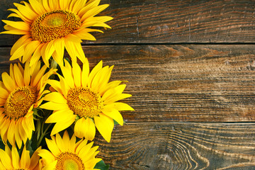 Fotomurales - Beautiful sunflowers on a wooden table. View from above. Background with copy space.