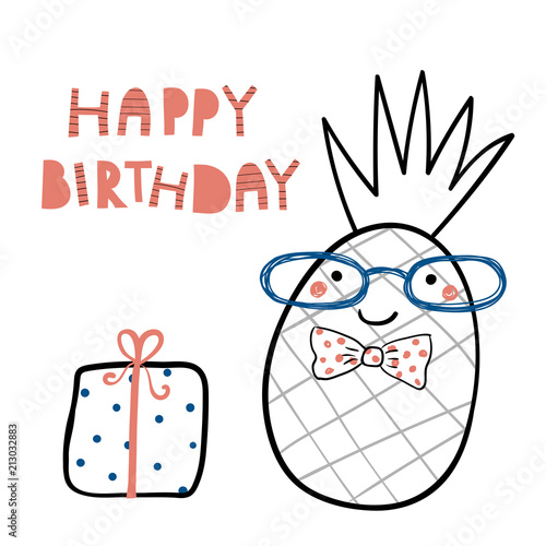 Hand Drawn Birthday Card With Cute Funny Pineapple In A Bow Tie