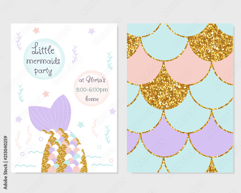 Cute party invitation with mermaid tail, scale pattern and gold glitter elements. Vector hand drawn illustration. - obrazy, fototapety, plakaty 