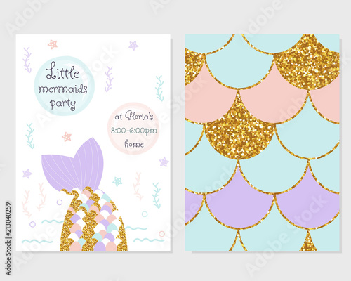 Cute Party Invitation With Mermaid Tail Scale Pattern And Gold Cute Party Invitation With Mermaid Tail Scale Pattern And Gold Glitter Elements Vector Hand