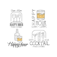 Sticker - Vector set of 4 original sketch style logos for cocktail bar or restaurant. Hand drawn emblems with different alcoholic drinks