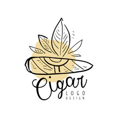 Sticker - Cigar logo, design, emblem element for smoke shop, gentlemens club and tobacco products hand drawn vector Illustration on a white background