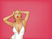 Vector Pop Art Blonde Woman With Wet Hair, Blue Eyes In White One-piece Swimming Suit Isolated On Pink Background. Sexy Character In Underwear For Ad Poster, Promo Banner, Design Illustration.