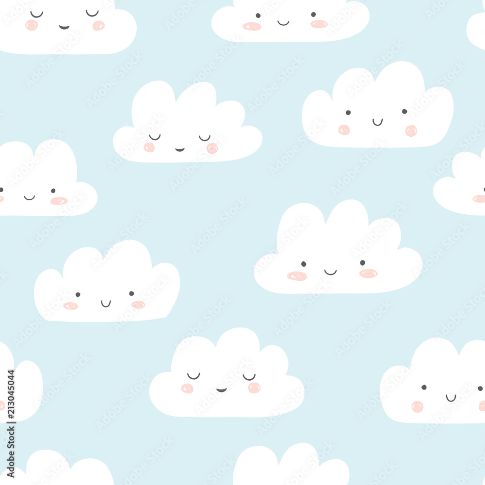 Smiling clouds vector pattern. Cute sky seamless background. Hand drawn ...