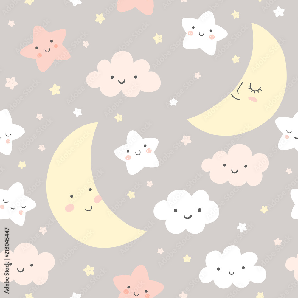 Night sky vector pattern. Cute smiling moon, stars, clouds seamless ...