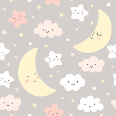 Wall Mural - Night sky vector pattern. Cute smiling moon, stars, clouds seamless background. Baby print in soft, pastel colors. 