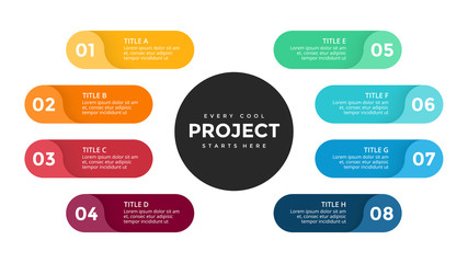 Wall Mural - Vector circle arrows infographic, cycle diagram, labels graph, stickers presentation chart. Business concept with 8 options, parts, steps, processes. Slide template.