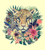 Fototapeta Fototapety dla młodzieży do pokoju - Watercolor hand drawn illustration with leopard head, flowers, leaves, feathers.