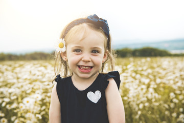 child on green daisy grass in a summer park sunset time