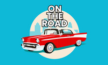Red Vintage Car Retro City On The Background And Text