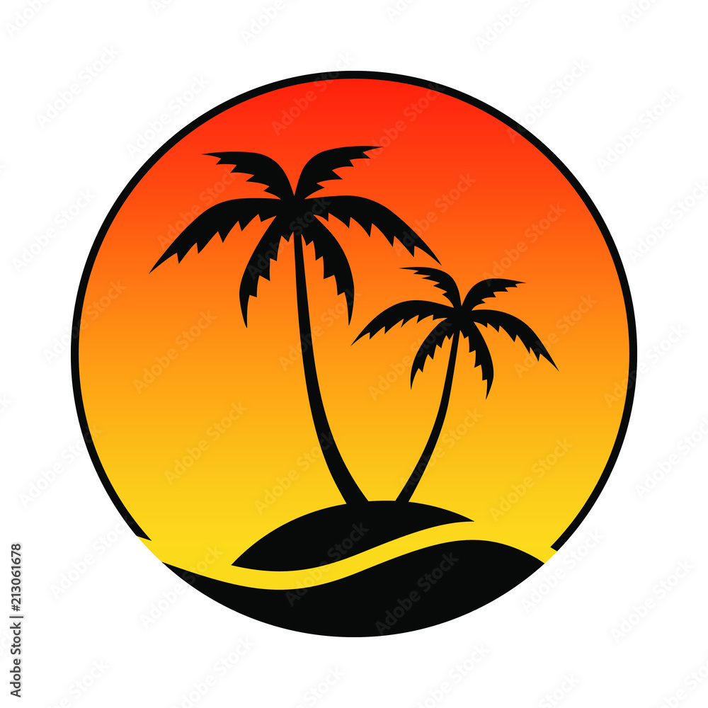 Resort logo with sea sunset and coconut palms view. Icon tropical island.  Vector illustration. Stock Vector | Adobe Stock, image size:1000x1000