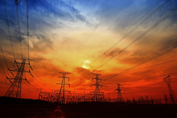 Electric tower, silhouette at sunset