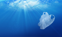 Environmental Protection Concept. Plastic Bag Pollution In Ocean