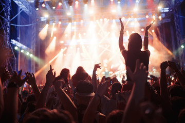 Wall Mural - Portrait of happy crowd enjoying at music festival