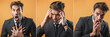 © Teodor Lazarev - Collage of a young businessman expressing three different emotions, anxiety, headache, shock, fear and worry