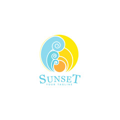 Wall Mural - sunset and waves logo, sunset vector design circled the ocean waves