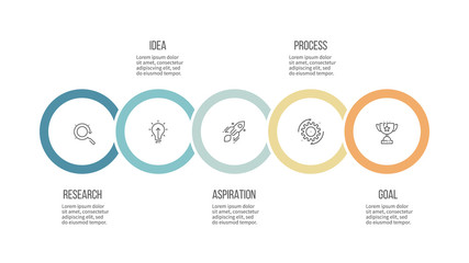 Business infographics. Timeline with 5 steps, options, circles. Vector template.