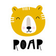 Roar - Cute hand drawn nursery poster with cartoon tiger and lettering in scandinavian style.