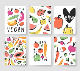 Hand drawn set of cards with fruits and vegetables. Vector artistic illustration food. Vegan drawing beetroot, cucumber, eggplant, tomato, potato, pepper, carrot, pear, apple, watermelon