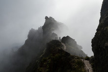 Mountain Trail In Clouds, Narrow Mountain Ridge In Fog, Pico Do Areeiro Peak, Madeira, Portugal