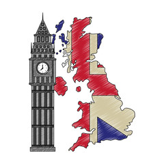 Sticker - map great britain with big ben tower icon