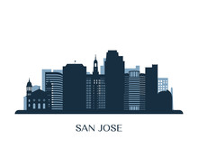 San Jose Skyline, Monochrome Silhouette. Vector Illustration.