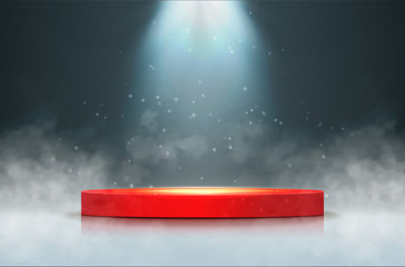 Aufkleber - Stage with scenic lights. Round podium with smoke and spotlight. Vector illustration.