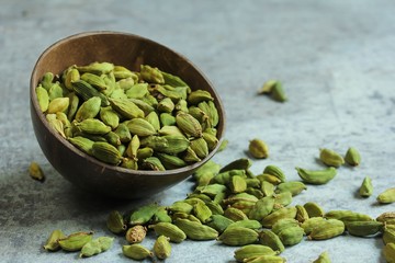 Fresh Green Cardamom pods still life, selective focus