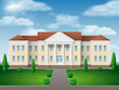 Front view of administrative, governmental, school or college building. Traditional classic architecture of building with beautiful entrance and columns.
