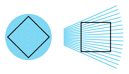 Sticker - Ehrenstein optical illusion. The sides of a square placed inside a pattern of concentric circles take an apparent curved shape. The right square seems to be distorted. Illustration over white. Vector.