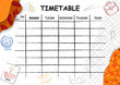 School timetable background with hand drawn elements of school supplies.